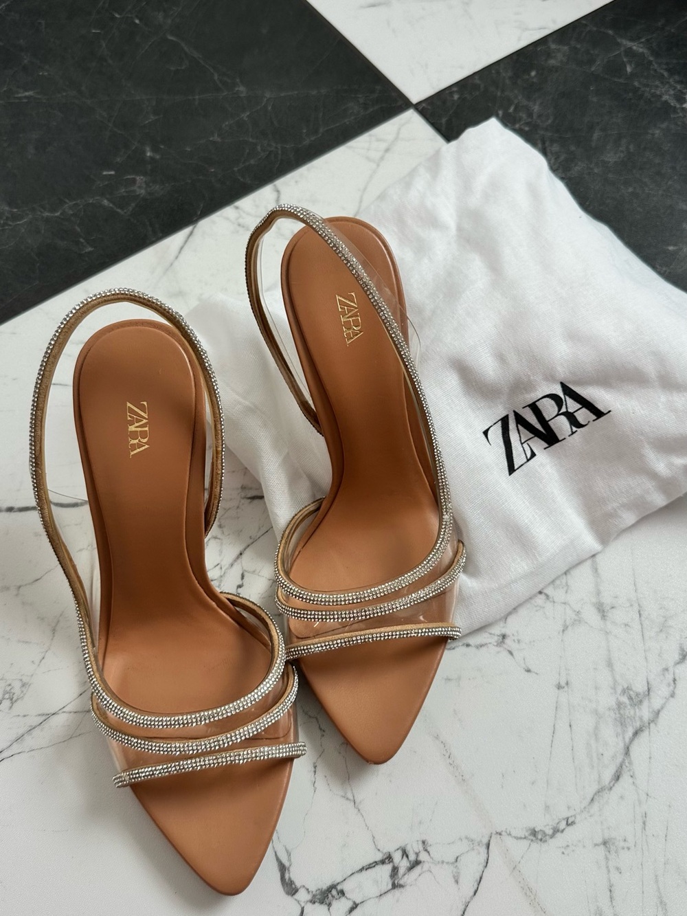Zara Tan Pointed Slingback Heels with Crystal Straps